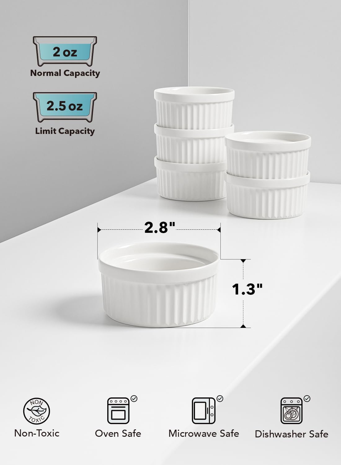 LE TAUCI Ramekins 4 OZ Oven Safe, Creme Brulee Ramekins, Pudding Custard Cups Souffle Ramiken, Dipping Sauce Dishes, Ceramic Ramekin Bowls Set of 6, White