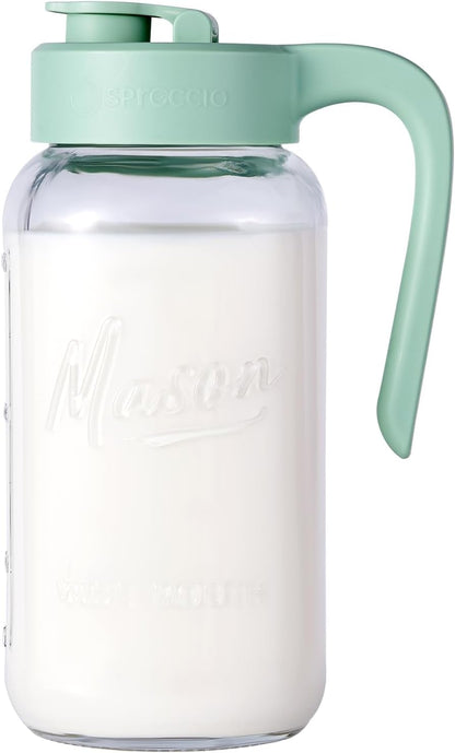 Mason Jar Pitcher - Airtight & Leakproof Glass Pitcher with Lid, Perfect for Breastmilk, Cold Brew, and Sun Tea, 2 Quart (64 oz) 1/2 Gallon Mason Jar with Pour Spout Lid