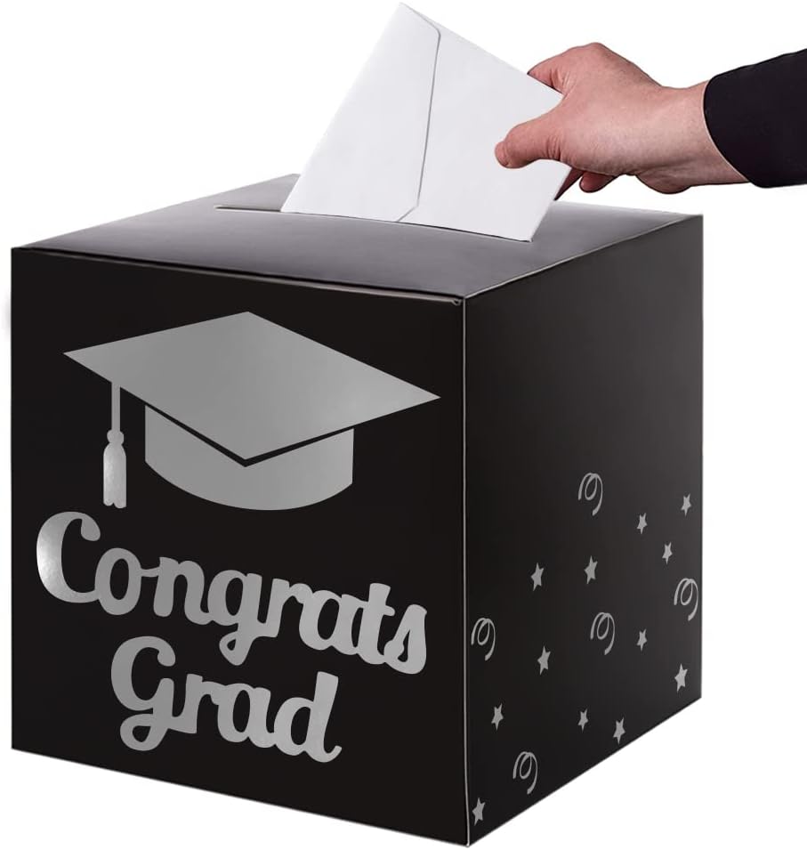 Graduation Card Box Holder, Congrats Grad Foldable Cardboard Decorations Box for Graduation Party Decoration and Grad Parties (Black)