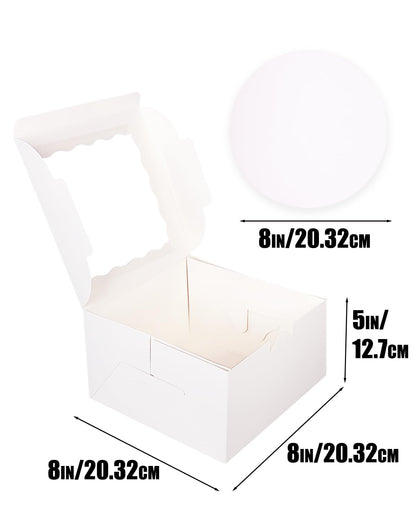 qiqee White 6x6x5 Cake Box, 4 Sets White Cake Box with Window ＆ 4 Sets 6" White Cake Round Boards, 6inch Cake Containers
