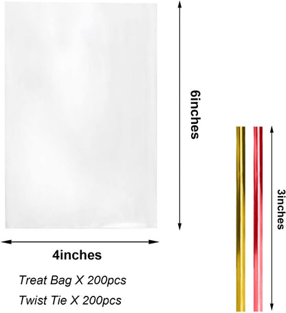 Cello Cellophane Treat Bags,5x7 Inches Clear Cellophane Bags 200 Pcs OPP Plastic Treat Bags with 200 Twist Ties for Gift Wrapping,Packaging Candies,Dessert,Bakery, Cookies, Chocolate,Party Favor