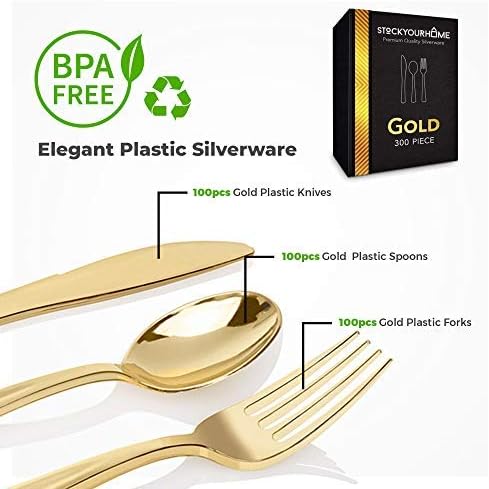 Gold Plastic Silverware Set (160 Bulk Pack) Disposable Cutlery Utensils, 80 Gold Forks, 40 Gold Knives, 40 Gold Spoons, Heavy Duty Flatware For Holidays, Parties, Dinners, Weddings, and Occasions