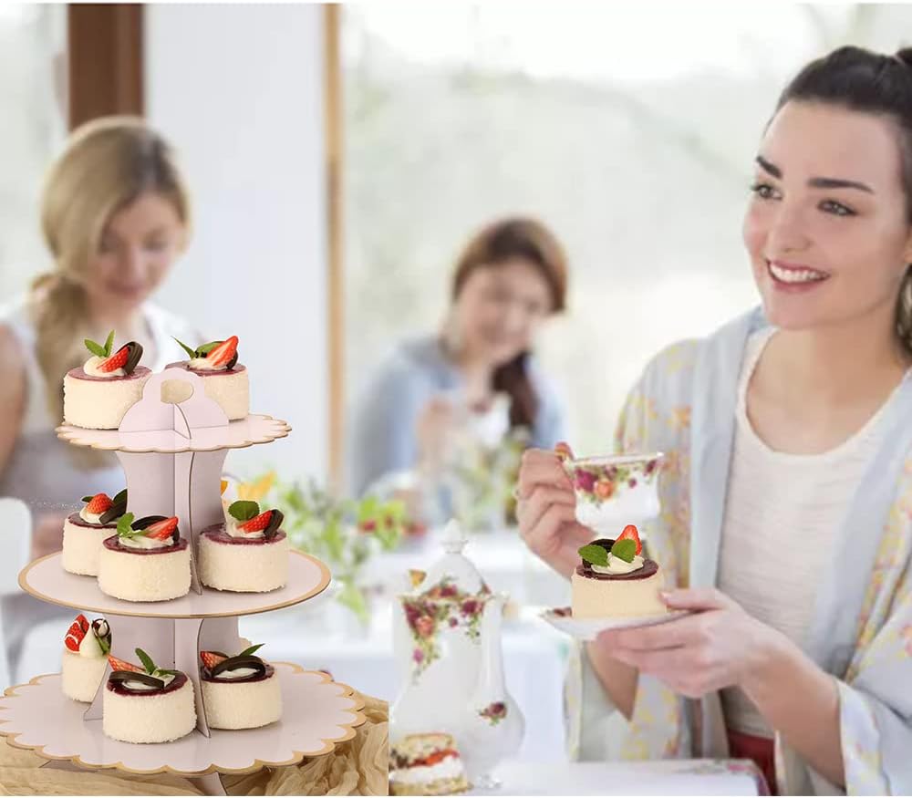 MRPAPA Pink Cardboard Cupcake Stand,2PCS Cup Cake Holder Thick Paper Dessert Tray, 3-Tier Round Serving Tray Perfect for Baby Girls Pink and Gold Birthday Baby Shower Party Supplies