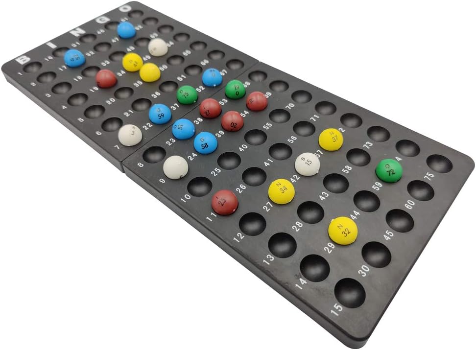Yuanhe Deluxe Bingo Game Set - 6 Inch Metal Cage with Calling Board, 5 Shutter Slide Cards, 75 Colored Balls, for Large Group Games