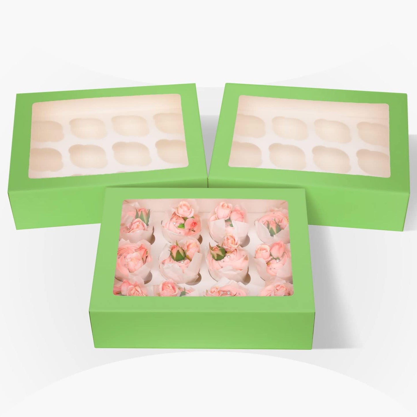 Bakepacker Auto-pop Up Cupcake Boxes with Window White 20PCS 12 Count Cupcake Box 13"x10"x3.5" Cupcakes Carrier, 12 Cupcake Containers with rolls of pink ribbons