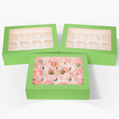 Bakepacker Auto-pop Up Cupcake Boxes with Window White 20PCS 12 Count Cupcake Box 13"x10"x3.5" Cupcakes Carrier, 12 Cupcake Containers with rolls of pink ribbons