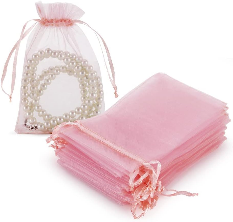 HRX Package 100pcs White Organza Bags, 4x6 inch Mesh Bags Drawstring Gift Bags Jewelry Pouches for Candy Wedding Favors Christmas