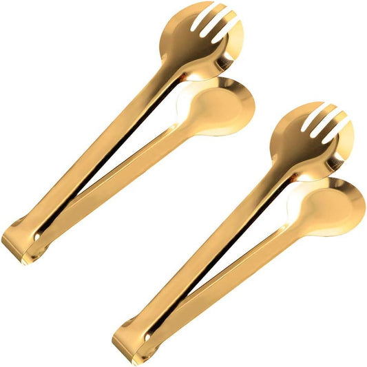 2-Pack 9 Inch Stainless Steel Gold Salad Tongs, Non-slip & Easy Grip Smart Locking Clip Handy Utensil for Cooking, Serving, Barbecue, Buffet, Salad, Ice, Oven