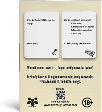 Lyrically Correct '90s & 2000s Music Trivia Card Game - Hip Hop and R&B Edition - Finish the Lyrics Challenge, Fun for Adults, Party or Family Night