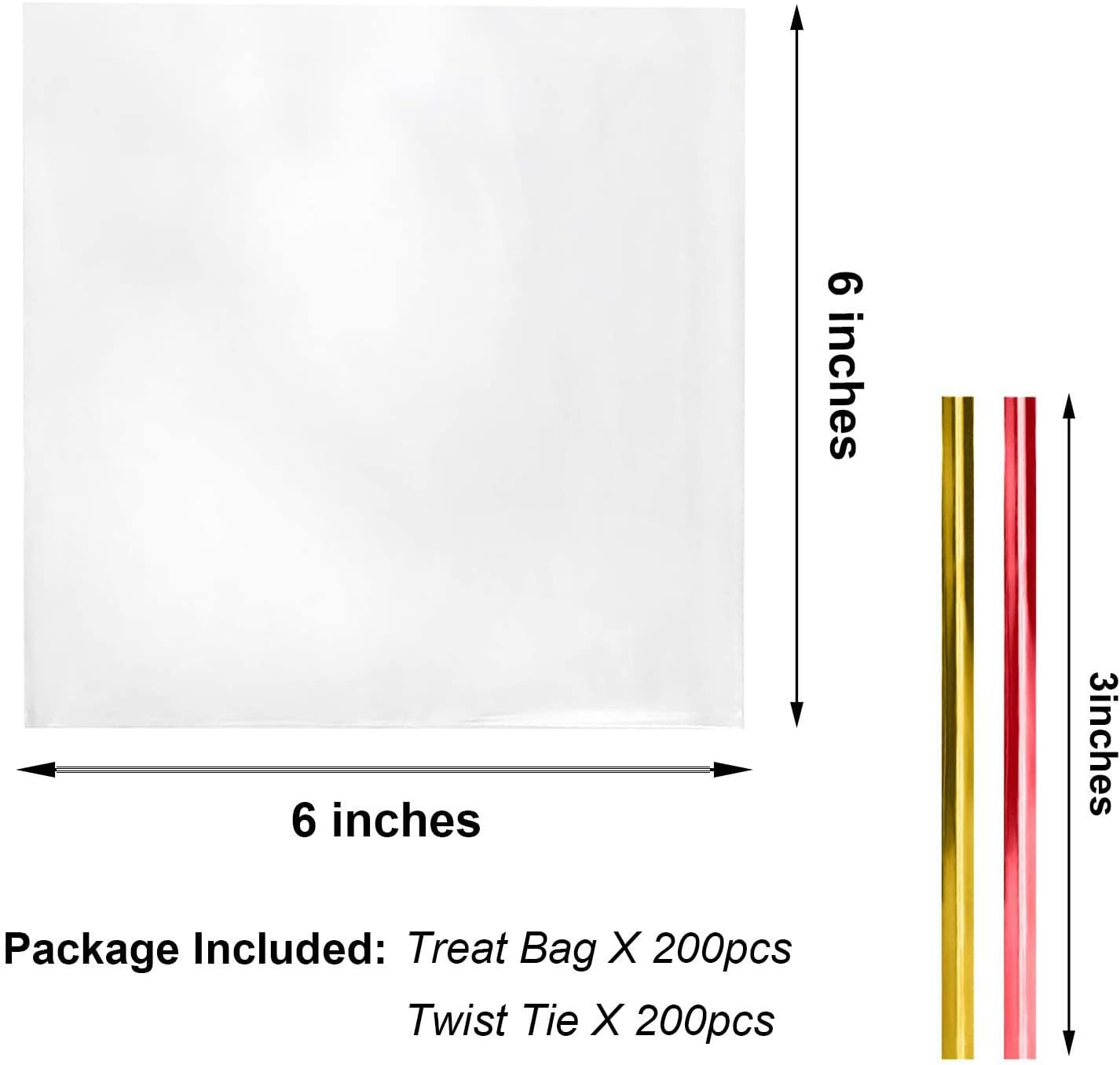 Cello Cellophane Treat Bags,5x7 Inches Clear Cellophane Bags 200 Pcs OPP Plastic Treat Bags with 200 Twist Ties for Gift Wrapping,Packaging Candies,Dessert,Bakery, Cookies, Chocolate,Party Favor