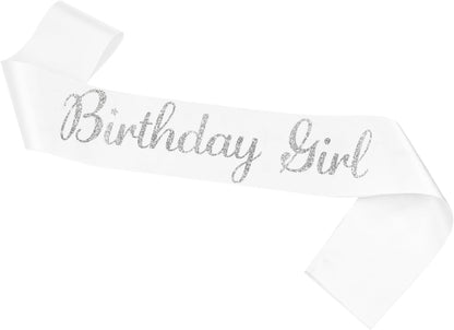Birthday Girl Sash, White Silver Sash for Women and Girls, Birthday Party Decorations, Satin Material, One Size Fits Most