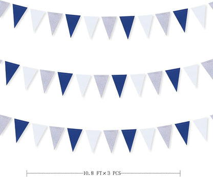 30Ft Navy Blue Gold and Beige Party Decorations Royal Blue Gold Triangle Flag Pennant Banner Bunting for Graduation Birthday Wedding Bridal Shower Nautical Ahoy Achor Theme Party Decorations Supplies