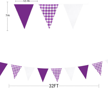 32Ft Dusty Blue Party Decorations Retro Blue Gingham Triangle Banner Flag Pennant Fabric Garland Streamers for Nautical Wedding Birthday Ahoy Achor Bridal Baby Shower Under The Sea Decor Supplies