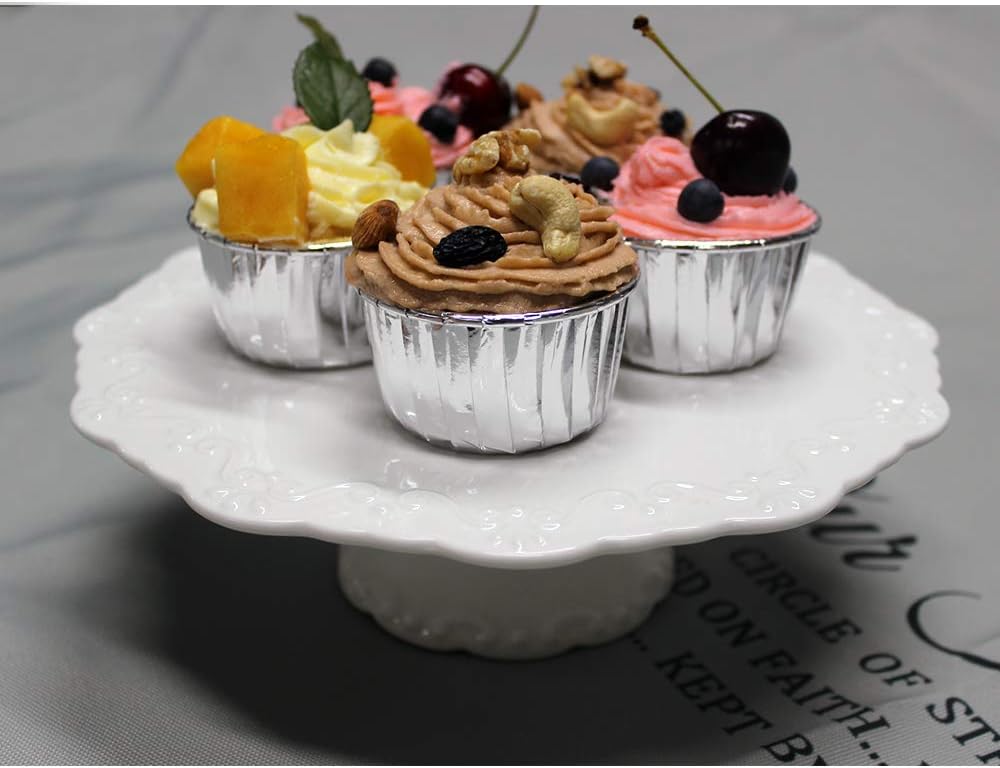 10 Inch White Ceramic Cake Stand (Holds 10 Inch Cake), Decorative Cupcake Stand, Dessert Display Plates for Snacks and Cookies, Baby Shower, Birthday, Wedding Party Decor