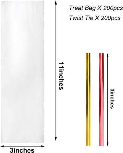 Cello Cellophane Treat Bags,5x7 Inches Clear Cellophane Bags 200 Pcs OPP Plastic Treat Bags with 200 Twist Ties for Gift Wrapping,Packaging Candies,Dessert,Bakery, Cookies, Chocolate,Party Favor