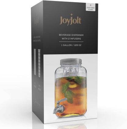 Fluted 1-Gallon Drink Dispenser. Glass Beverage Dispenser with Stainless steel Spigot plus Ice Cylinder and Fruit Infuser! Water Dispenser, Lemonade Stand, Juice Container - Dispensers for Parties