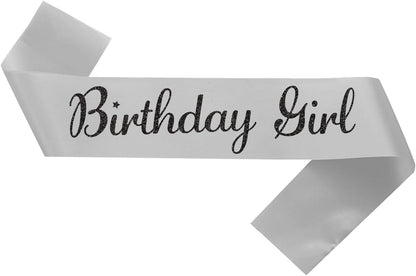 Birthday Girl Sash, White Silver Sash for Women and Girls, Birthday Party Decorations, Satin Material, One Size Fits Most