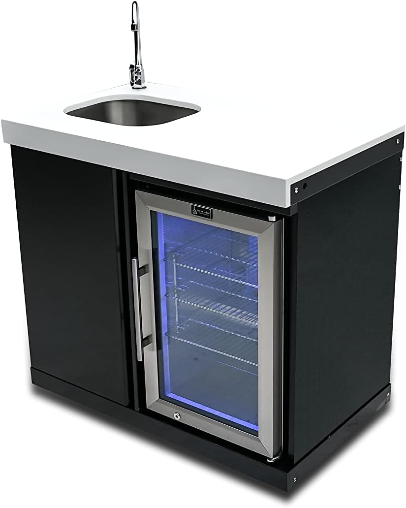 Mont Alpi Bar Series MA-BEVKEG Stainless Steel Outdoor Rated 3 Beer Tap Kegerator Keg Center Dispenser + Beverage Center with Compact Refrigerator + Granite Countertops