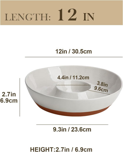 MALACASA Ceramic Chips and Dip Serving Tray, 12 Inch Large Divided Bowls Set for Salsa, Veggies & Dip, Appetizers, Snacks, Free-Form Serving Dish Platter for Parties Hosting & Entertaining, White