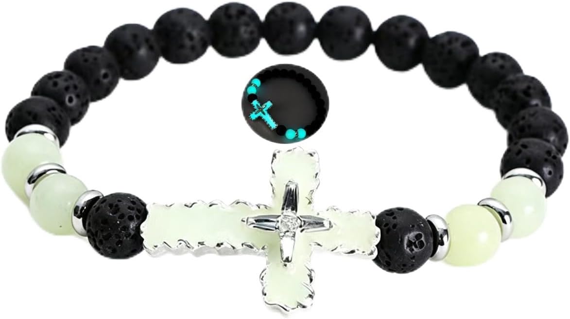 8mm Natural Volcanic Stone Bracelets for Men,Luminous Cross Bracelets,Healing Crystal Elastic Stretch Beads Bracelet,Religion Holy Communion Bracelet for Women