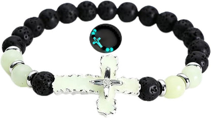 8mm Natural Volcanic Stone Bracelets for Men,Luminous Cross Bracelets,Healing Crystal Elastic Stretch Beads Bracelet,Religion Holy Communion Bracelet for Women