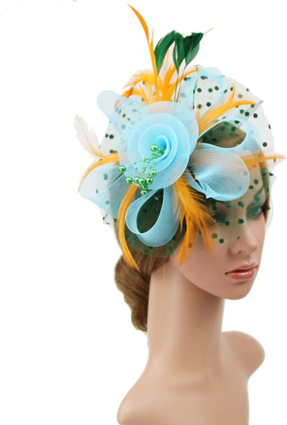DRESHOW Fascinators Hat Flower Mesh Ribbons Feathers on a Headband and a Clip Tea Party Headwear for Girls and Women - Colors B