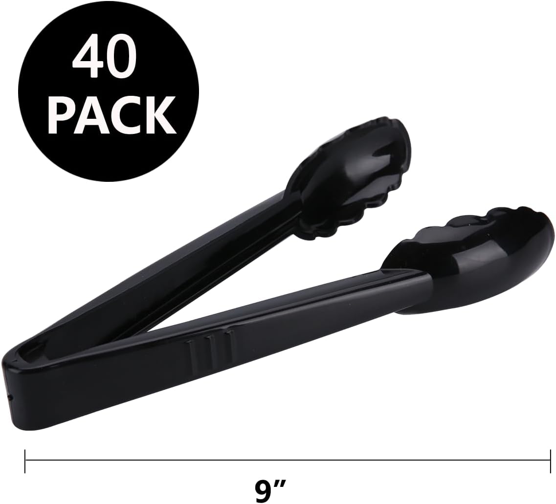 24 Pieces Disposable Serving Tongs, 9" Heavy-Duty Plastic Utensils, BPA-Free, Scalloped Grip Salad Tongs, Perfect for Buffets, BBQ, Parties & Catering, Black