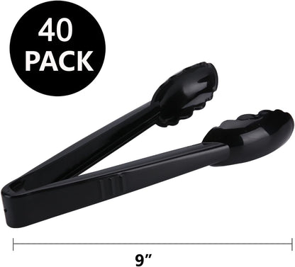 24 Pieces Disposable Serving Tongs, 9" Heavy-Duty Plastic Utensils, BPA-Free, Scalloped Grip Salad Tongs, Perfect for Buffets, BBQ, Parties & Catering, Black