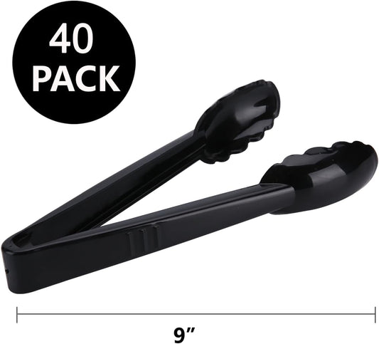 24 Pieces Disposable Serving Tongs, 9" Heavy-Duty Plastic Utensils, BPA-Free, Scalloped Grip Salad Tongs, Perfect for Buffets, BBQ, Parties & Catering, Black