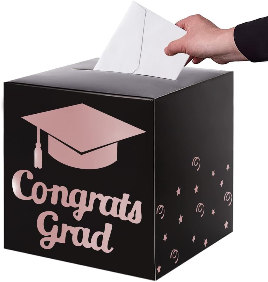 Graduation Card Box Holder, Congrats Grad Foldable Cardboard Decorations Box for Graduation Party Decoration and Grad Parties (Black)