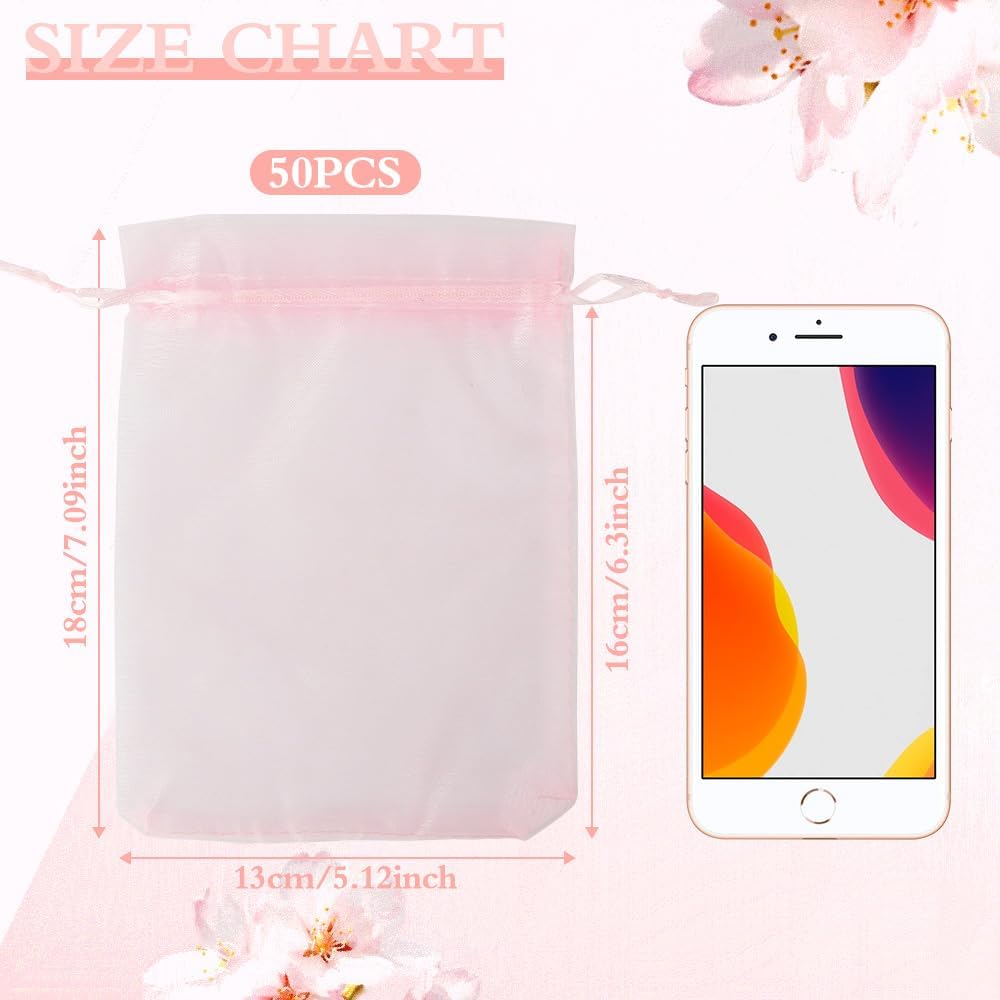 Organza Bags, Organza Bags 5 x 7 Inch, 50 Pcs White Sheer Party Favor Mesh Bag with Drawstring, Small Jewelry Gift Candy Bag for Wedding Christmas Birthday Halloween Graduation Party Favors Supplies