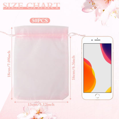 Organza Bags, Organza Bags 5 x 7 Inch, 50 Pcs White Sheer Party Favor Mesh Bag with Drawstring, Small Jewelry Gift Candy Bag for Wedding Christmas Birthday Halloween Graduation Party Favors Supplies