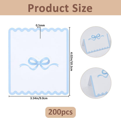 SUPERFINDINGS 200Pcs Blank Place Cards Blue Bow Place Cards 4.02x3.54 Inch/10.2x9cm Wedding Seating Card Buffet Food Labels Tent Fold Table Name Card for Wedding Party Table Setting