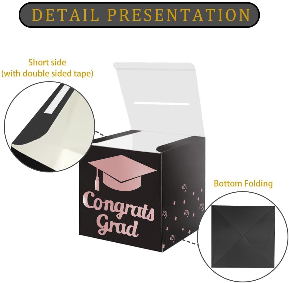 Graduation Card Box Holder, Congrats Grad Foldable Cardboard Decorations Box for Graduation Party Decoration and Grad Parties (Black)
