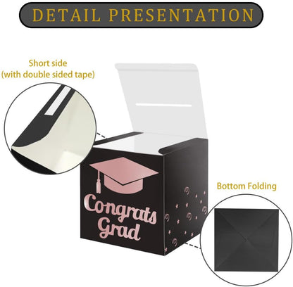 Graduation Card Box Holder, Congrats Grad Foldable Cardboard Decorations Box for Graduation Party Decoration and Grad Parties (Black)