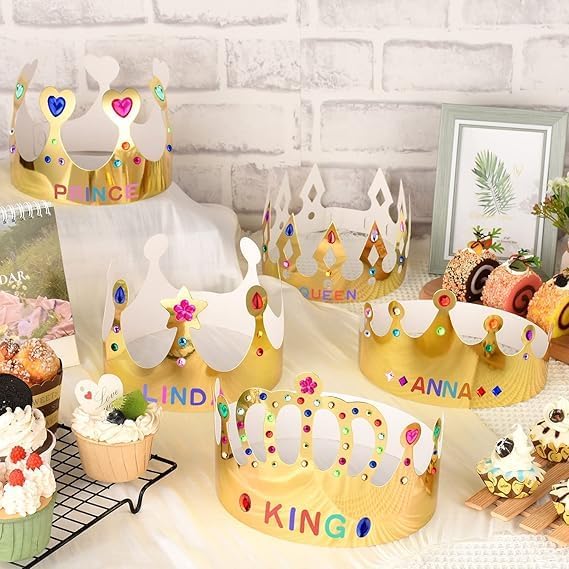12 pcs Paper Crowns, Birthday Crowns Craft to Decorate with 8 Sheets Gem Jewels Number Letter Stickers, Gold Paper Prince Princess Hats for Party Favor Supplies