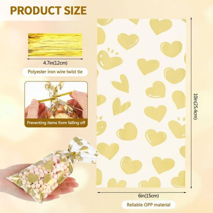 100 Pcs Star Printed 5"X 7" Gift Wrap Cello Cellophane Treat Bags Party Favor bags Clear Candy Cookie Bag Plastic Poly Goodie Storage Bag with Twist Ties for Bakery,Birthday, Wedding ,Party Decorations (Gold)