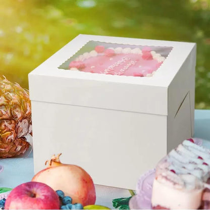3 - Pack 8×8×8 Inch White Cake Boxes, Reinforced Cardboard with Scalloped Window, Perfect for Professional Bakery Presentation