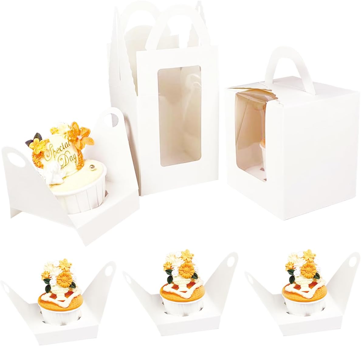 Bakepacker Auto-pop up Individual Cupcake Boxes with Window 60 Count Brown Single Cupcakes Box 3.7 x 3.7 x 4.3inch Cupcake Carrier