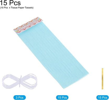MECCANIXITY 15Pcs Light Blue Tassel Garland Banner with Rope Tissue Paper Tassels Party DIY Kits for Anniversary Wedding Birthday Party