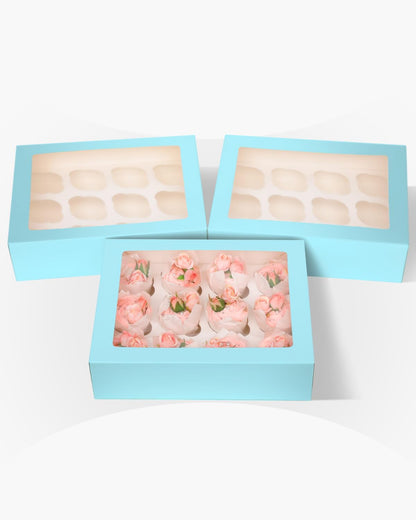 Bakepacker Auto-pop Up Cupcake Boxes with Window White 20PCS 12 Count Cupcake Box 13"x10"x3.5" Cupcakes Carrier, 12 Cupcake Containers with rolls of pink ribbons