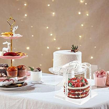 10 Inch Clear Cake Box,2 Pcs 10" X 10" X 9" Transparent Cake Box with Ribbon for 8" Cakes-Clear Tall Cake Boxs- Gift Boxes with Lid for Wedding Party and Gift Display (White-2 Set)