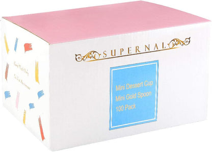 supernal 100pcs Square Plastic Dessert Cups (4oz) with 100pcs Mini Gold Spoons, Plastic Parfait Appetizer Cup, Medium Clear Dessert Cups Perfect for Cakes, Ice Cream, Desserts Appetizers