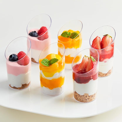 50 Pack Mini Slanted Dessert Cups with Spoons - 2.2 oz Plastic Parfait Cups Reusable Shooter Glasses Small Serving Cups for Tasting Party Desserts Appetizer