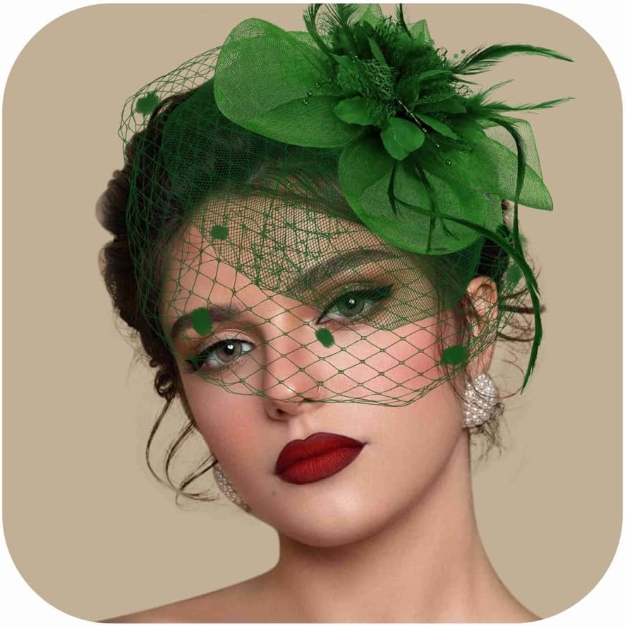 Fascinators Hats for Women Tea Party Hat Feather Mesh Headband Vintage Lace Cocktail Headwear Veil Hair Clip Church