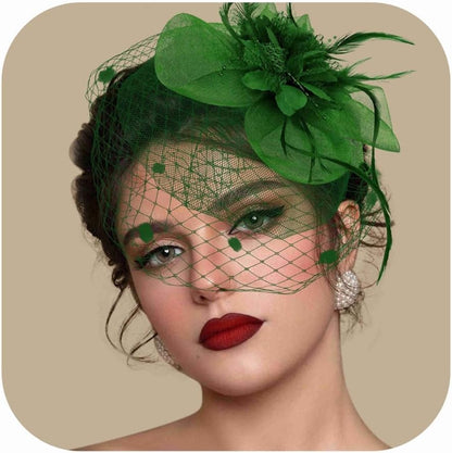 Fascinators Hats for Women Tea Party Hat Feather Mesh Headband Vintage Lace Cocktail Headwear Veil Hair Clip Church