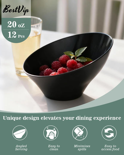 BESTVIP 54oz Clear Plastic Serving Bowls for Party - 12 Pack Angled Disposable Serving Bowls, Party for Chips, Snacks, Fruit, Salad - Bowls for Parties, Daily Use, Catering, Christmas