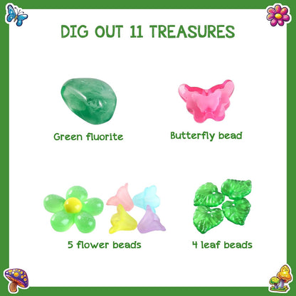 EDUMAN Flower Fairy Scavenger Hunt Dig Kit - Treasure Dig Kit Arts & Crafts, STEM Educational Toy with Clue Cards, Gemstone Dig Kits & DIY Jewelry Making Kits for Kids 6+ - Ideal Gift for Girls