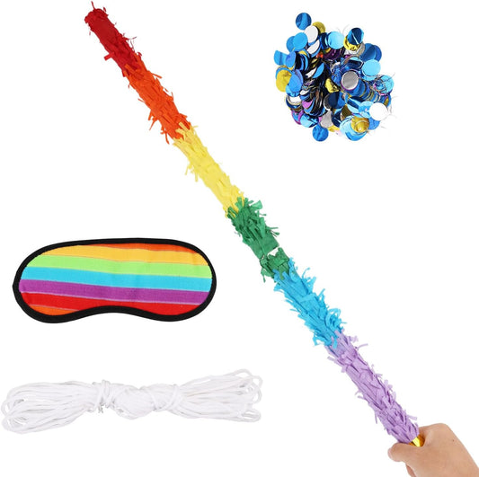 2pcs 29.92in Pinata Sticks, Rainbow Color Unbreakable Pinata Stick with Blindfold Blind Fold Rope & Confetti for Kids Girls Boys Adults Can Have Fun at Any Party