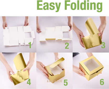 25 Gold Bakery Boxes with Window, 6x6x4 Inches Cake Boxes with Window, Treat Boxes for Small Bakery, Dessert, Candy, Cookies, Pastry, Party Favors, Wedding Cake